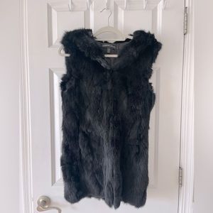 Adrienne Landau black Rabbit Fur hooded vest with pockets size small